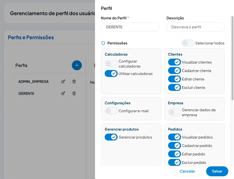 Tela de edição de perfil no ClickManager